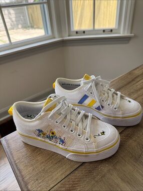 adidas White Canvas Sneakers with Yellow & Blue Floral Accent